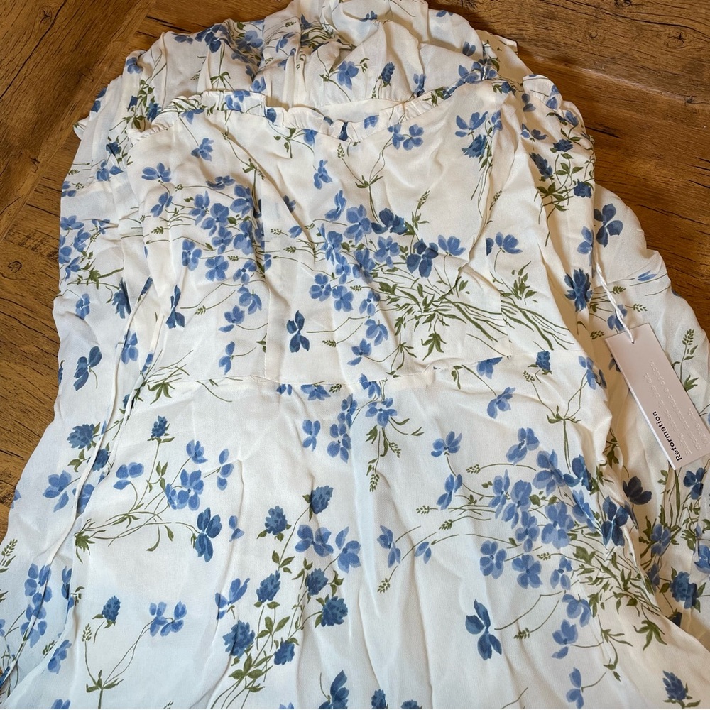 NWT reformation Enya dress clarity floral cream blue MIDI dress size 8 - Picture 2 of 5